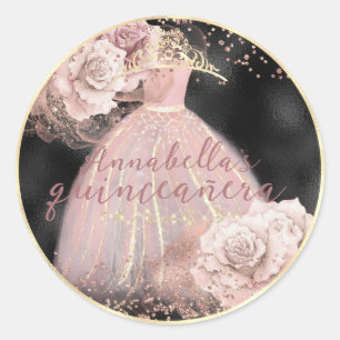 Blush Pink Roses Black & Gold Quinceañera Classic Round Sticker