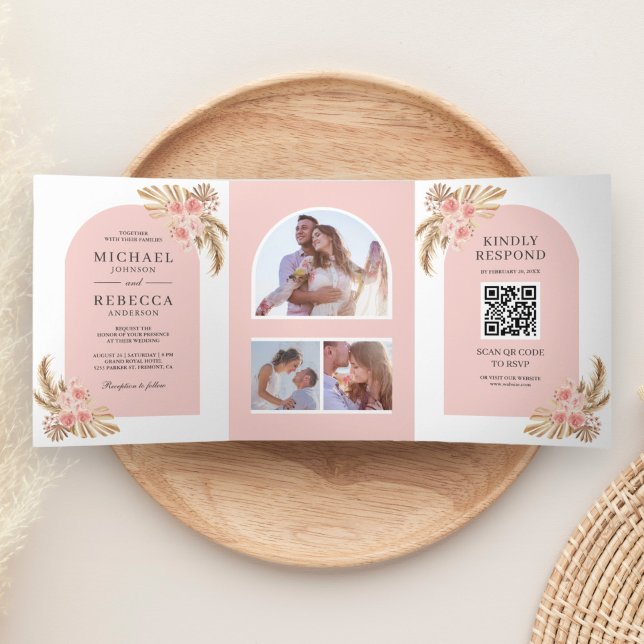 Blush Pink Roses Boho Pampas Arch QR Code Wedding Tri-Fold Invitation (Creator Uploaded)
