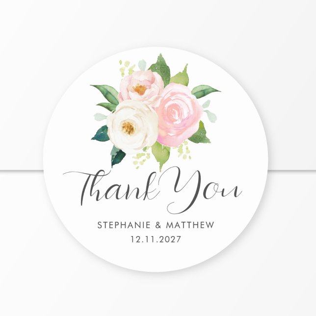 Blush Pink Roses Botanical Wedding Thank You Classic Round Sticker (Creator Uploaded)