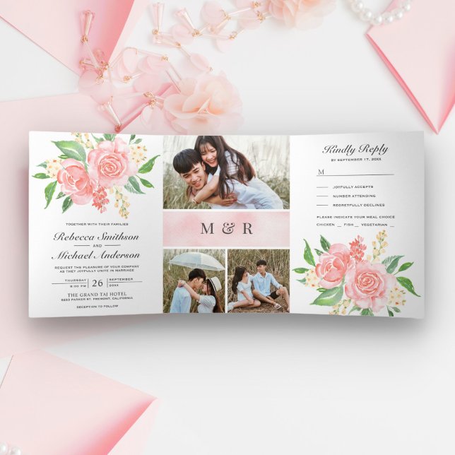 Blush Pink Roses Bouquet Photo Collage Wedding Tri-Fold Invitation (Creator Uploaded)