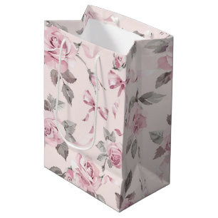 Blush Pink Roses & Bows Floral Bridal Shower Medium Gift Bag