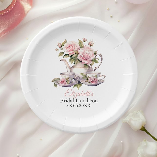 Blush Pink Roses Bridal Luncheon Tea Brunch Paper Plate (Blush Pink Roses Bridal Luncheon Tea Brunch Paper Plates on a table with a white rose.)