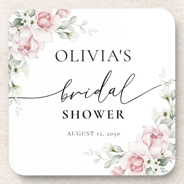 Blush Pink Roses Bridal Shower beverage coaster (Front)