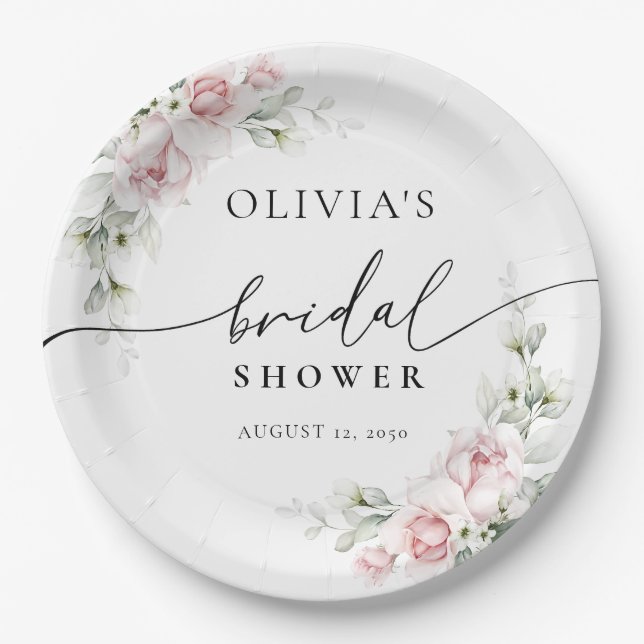 Blush Pink Roses Bridal Shower  Paper Plate (Front)