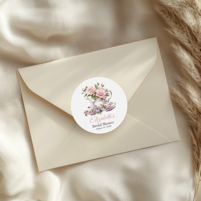 Blush Pink Roses Bridal Shower Tea Brunch Classic Round Sticker (Blush Pink Roses Bridal Shower Tea Brunch Classic Round Sticker on an elegant envelope.)