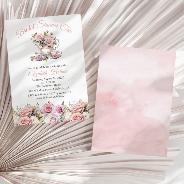 Blush Pink Roses Bridal Shower Tea Brunch  Invitation (Blush Pink Roses Bridal Shower Tea Brunch Invitation on a sunny white dry palm leaf.)