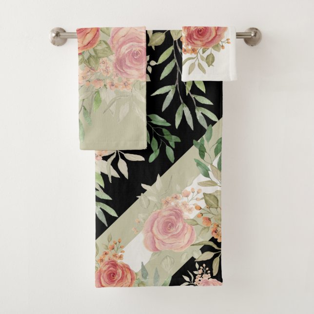 Blush Pink Roses Bush Watercolor Art Bath Towel Set (Insitu)