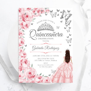 Blush Pink Roses Butterflies Floral Quinceanera Invitation