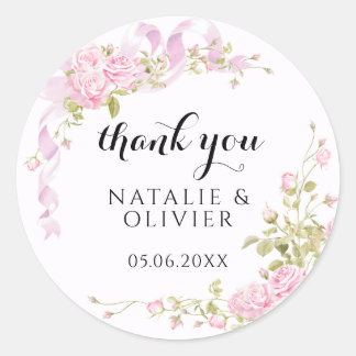 Blush Pink Roses Chic Wedding Thank You Classic Round Sticker