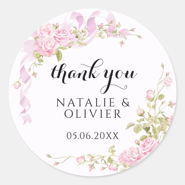 Blush Pink Roses Chic Wedding Thank You Classic Round Sticker (Front)