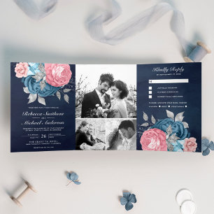 Blush Pink Roses Dusty Blue Floral Navy Wedding Tri-Fold Invitation