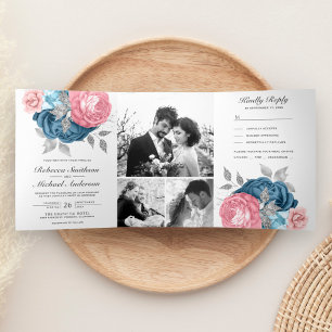 Blush Pink Roses Dusty Blue Floral Wedding Tri-Fold Invitation