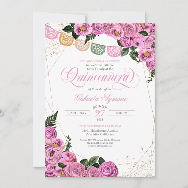 Blush Pink Roses Elegant Floral Fiesta Quinceañera Invitation (Front)