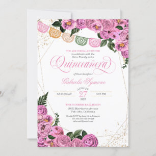 Blush Pink Roses Elegant Floral Fiesta Quinceañera Invitation