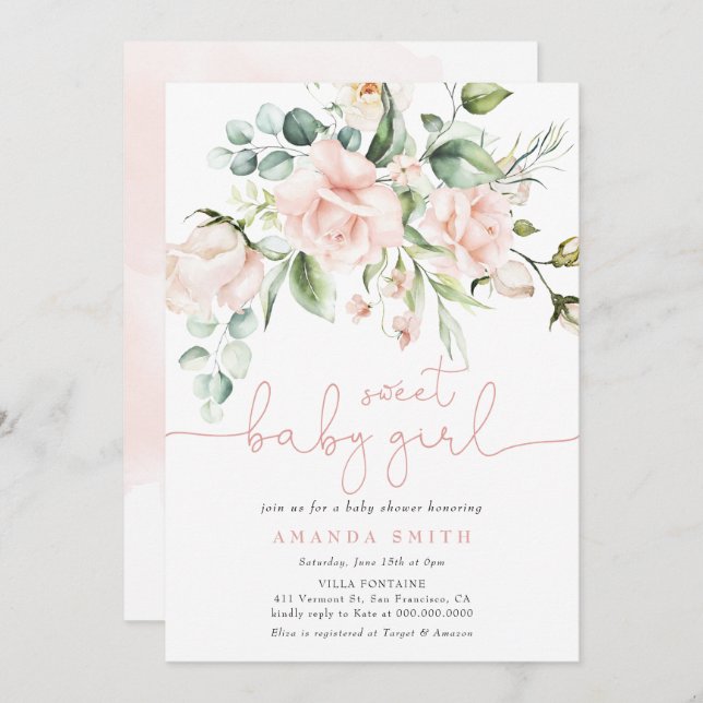 Blush Pink Roses Eucalyptus Girl Baby Shower  Invitation (Front/Back)