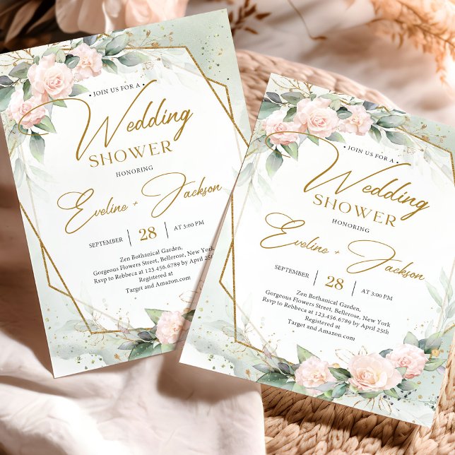 Blush pink roses eucalyptus gold Wedding Shower Invitation (Unique watercolor blush roses green eucalyptus and gold frame wedding shower invitation)