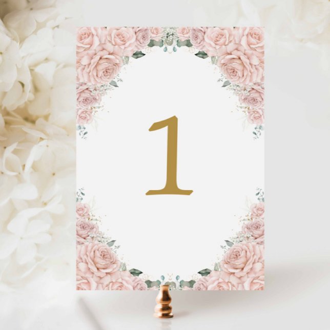 Blush Pink Roses Floral Birthday Sweet 16 Wedding Table Number (Creator Uploaded)