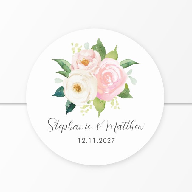 Blush Pink Roses Floral Botanical Wedding Classic Round Sticker (Creator Uploaded)