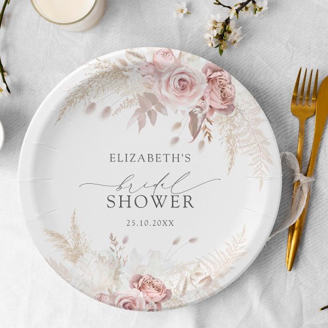 Blush Pink Roses Floral Bridal Shower Paper Plate (Creator Uploaded)
