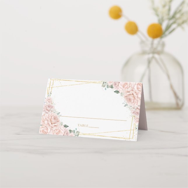 Blush Pink Roses Floral Gold Quinceañera Birthday Place Card (Front)
