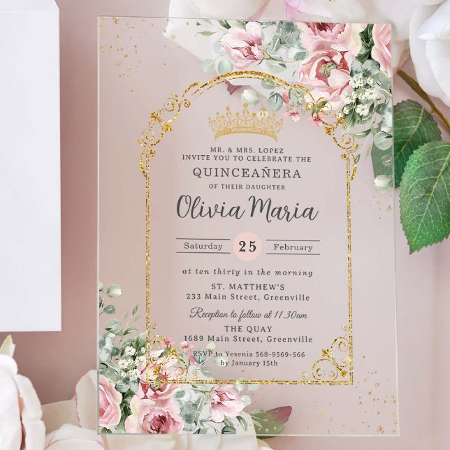 Blush Pink Roses Floral Gold Quinceañera Sweet 16 Acrylic Invitations (Creator Uploaded)