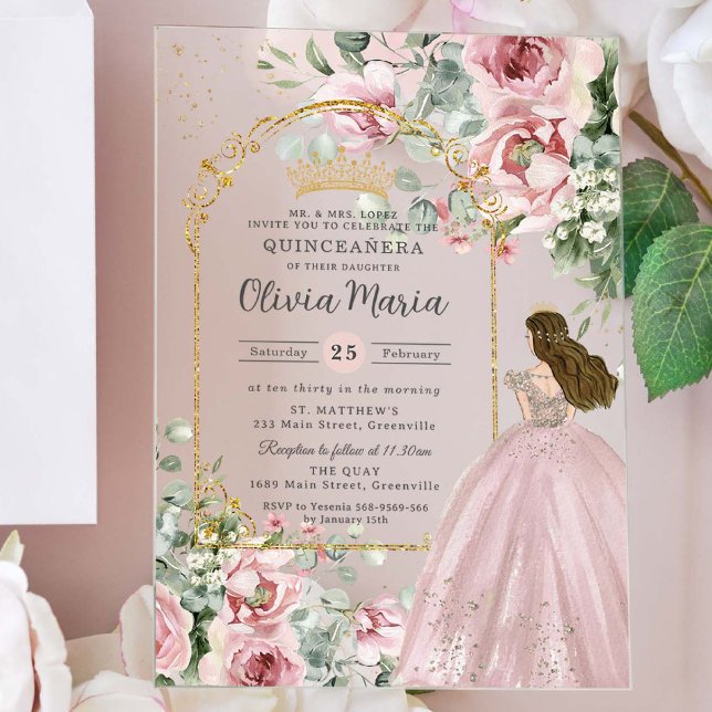 Blush Pink Roses Floral Gold Quinceañera Sweet 16  Acrylic Invitations (Creator Uploaded)