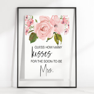 Blush Pink Roses Floral Guess How Many Kisses Game Poster
