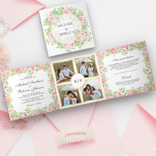 Blush Pink Roses Floral Photo Collage Wedding Tri-Fold Invitation