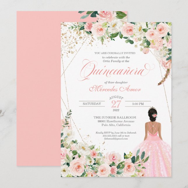 Blush Pink Roses Floral Quinceanera Birthday Invitation (Front/Back)