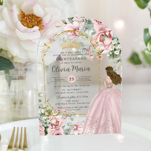 Blush Pink Roses Floral Quinceañera Sweet 16 Arch Acrylic Invitations