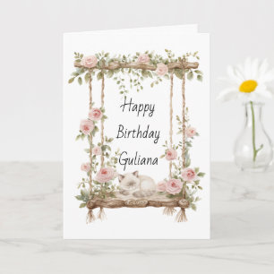 Blush Pink Roses Floral Swing Cat Birthday Card
