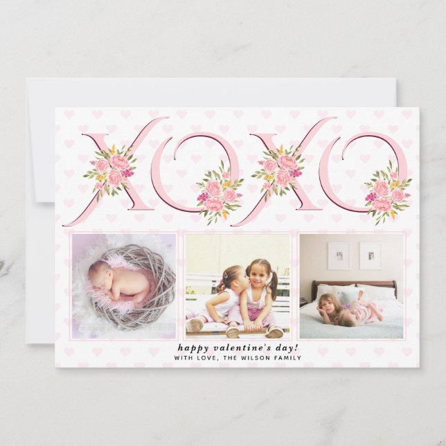 Blush pink roses floral XOXO photo Valentines Day Holiday Card (Front)