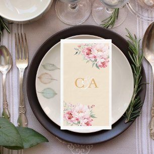 Blush pink roses florals beige monogram wedding napkin