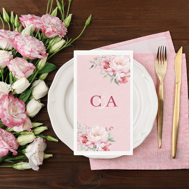 Blush pink roses florals monogram wedding napkin (Creator Uploaded)