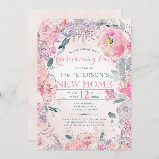Blush pink roses garden housewarming party invitation (Front/Back)