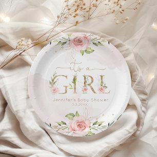 Blush pink roses girl baby shower paper plate