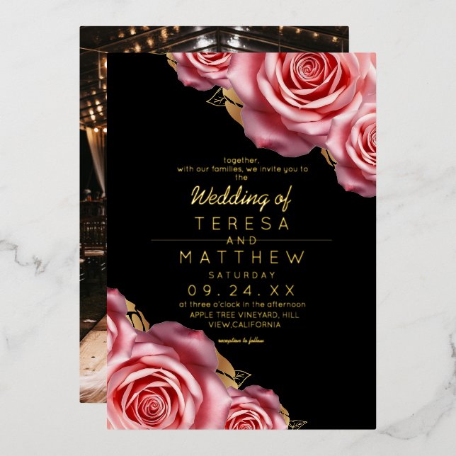 Blush Pink Roses Gold Foil Black Modern Wedding  (Front/Back)