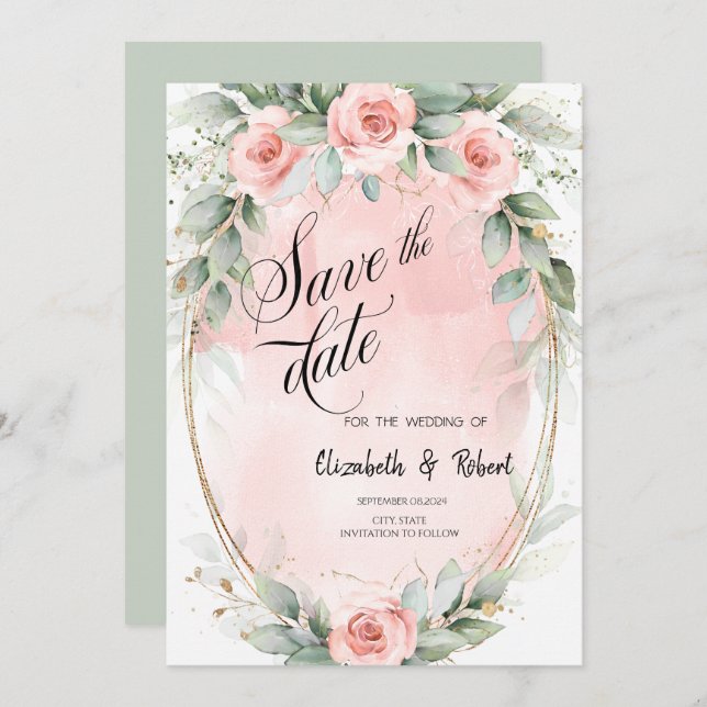 Blush Pink Roses Gold Frame Save The Date (Front/Back)