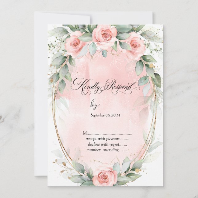 Blush Pink Roses Gold Frame Wedding RSVP Invitation (Front)
