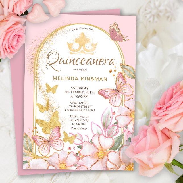 Blush Pink Roses Gold Glitter | Quinceanera Party Invitation (Creator Uploaded)