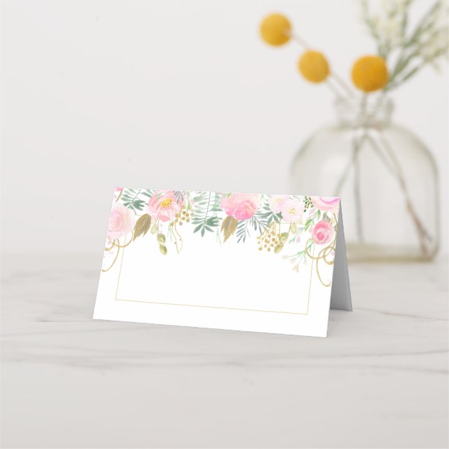 Blush Pink Roses Gold Green Leaves Folded Place Card (Front)