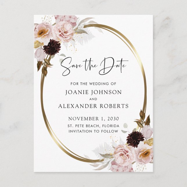 Blush Pink Roses Gold Metallic Save the Date Announcement Postcard (Front)