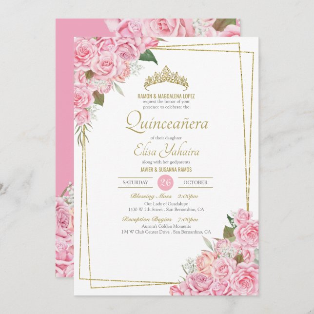 Blush Pink Roses Gold Tiara Floral Quinceanera Invitation (Front/Back)