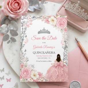 Blush Pink Roses Golden Quinceañera Save the Date