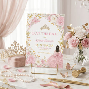 Blush Pink Roses Golden Quinceañera  Save the Date