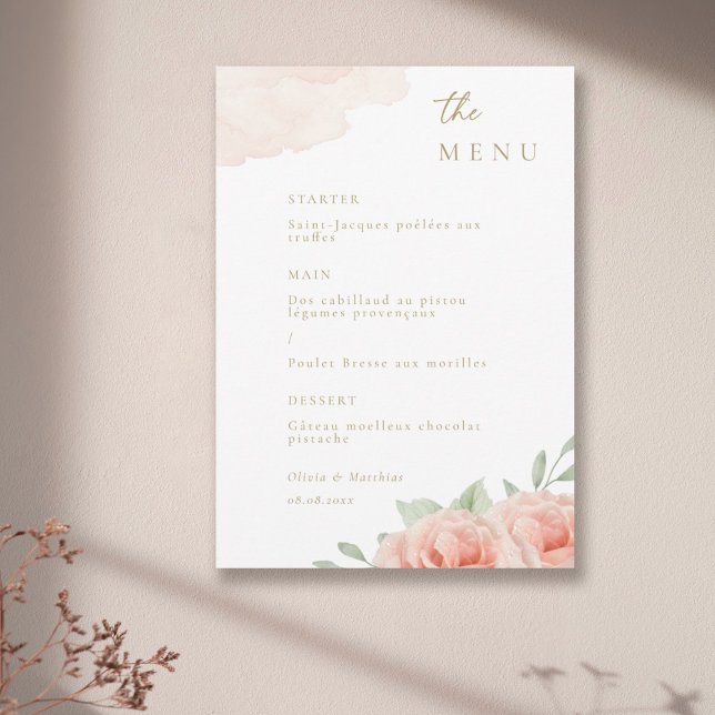 Blush Pink Roses Green Leaves Elegant Wedding Menu Invitation (Creator Uploaded)