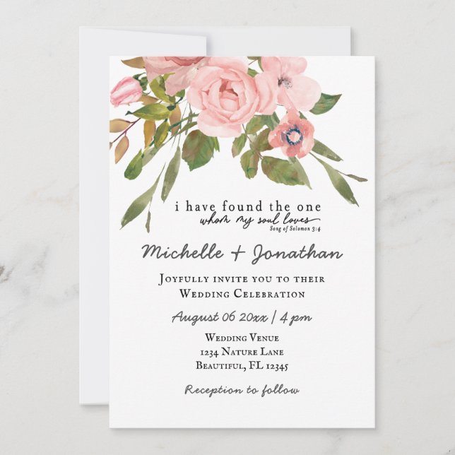 Blush Pink Roses Greenery Floral Christian Wedding Invitation (Front)