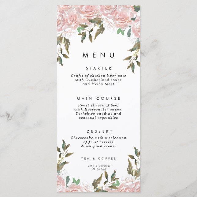 blush pink roses greenery wedding menu cards (Front)
