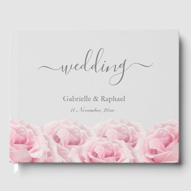 Blush Pink Roses Grey Elegant Floral Wedding Guest Book (Front)