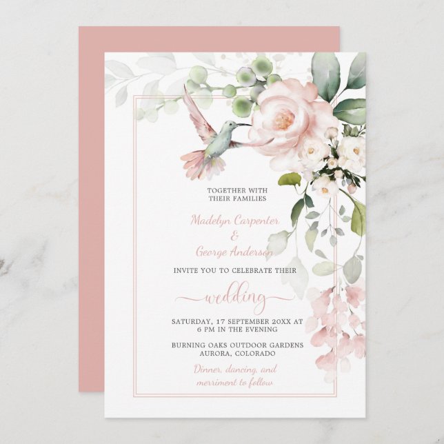 Blush Pink Roses, Hummingbird, and Sage Greenery Invitation (Front/Back)